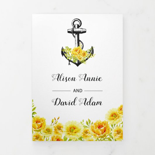 ヴィンテージいかり黄航海の結婚花 三つ折り招待状 (カバー)