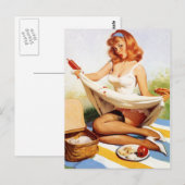 ヴィンテージいけなピクニックピンアップガール ポストカード (正面/裏面)