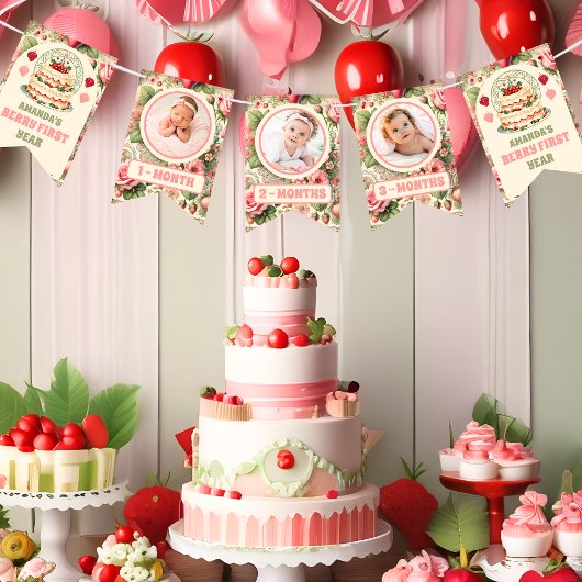 ヴィンテージいちご1st誕生日パーティー写真 バンティングフラッグ