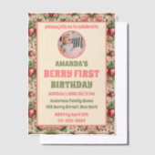 ヴィンテージいちご1st誕生日パーティー写真 ベラム紙招待状 (オフセット)