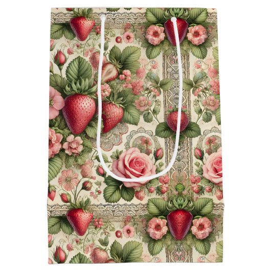 ヴィンテージいちご1st誕生日パーティー写真 ミディアムペーパーバッグ (裏面)