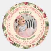 ヴィンテージいちご1st誕生日パーティー写真 ラウンドシール (正面)