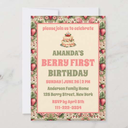 ヴィンテージいちご1st誕生日パーティー写真 招待状 (正面)