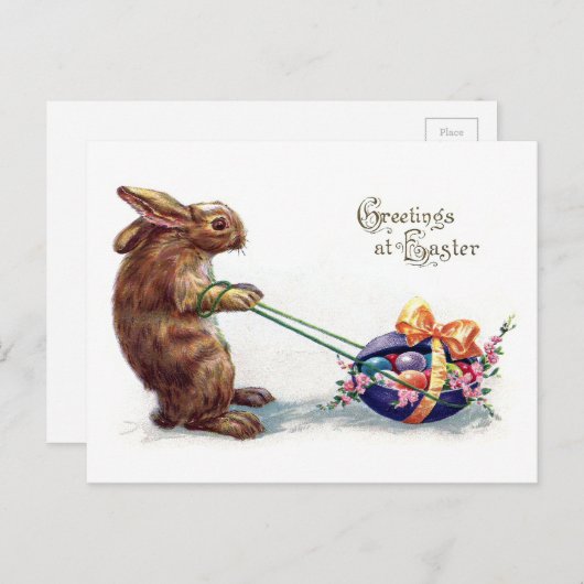 ヴィンテージうさぎイースター卵を引く シーズンポストカード (正面/裏面)