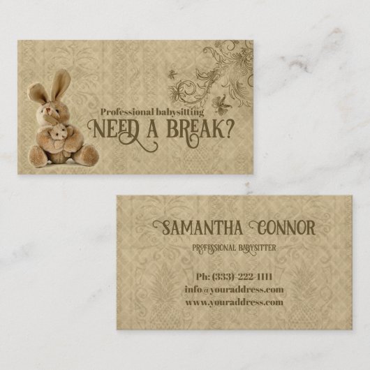 ヴィンテージうさぎベビーシッター&チャイルドケアカード 名刺 (正面/裏面)