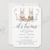 ヴィンテージうさぎ植物双生児シャワー 招待状 (正面)