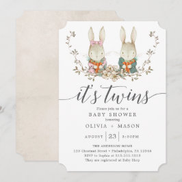 ヴィンテージうさぎ植物双生児シャワー 招待状