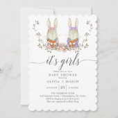 ヴィンテージうさぎ植物双生児シャワー 招待状 (正面)