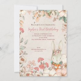 ヴィンテージうさぎ花柄1歳誕生日ガール招待状 招待状
