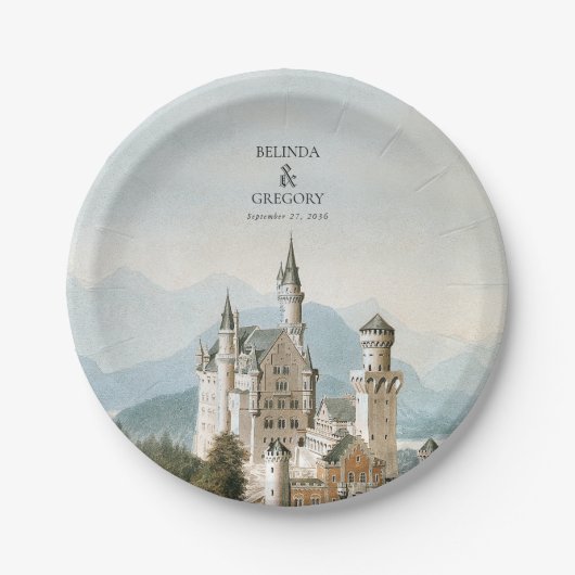 ヴィンテージおとぎ素朴話の城の結婚森 ペーパープレート (正面)