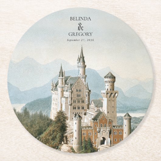 ヴィンテージおとぎ素朴話の城の結婚森 ラウンドペーパーコースター (正面)