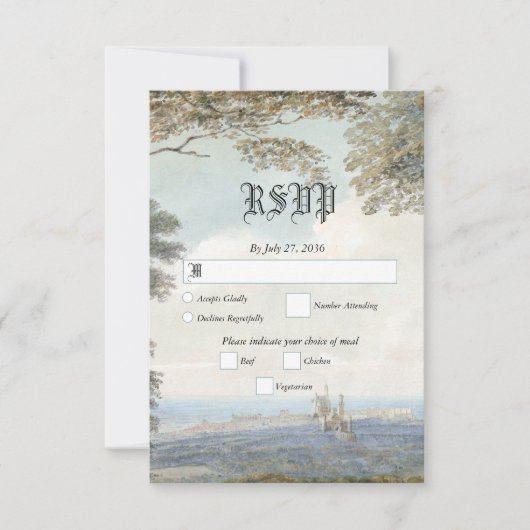 ヴィンテージおとぎ素朴話の城の結婚森 出欠カード (正面)