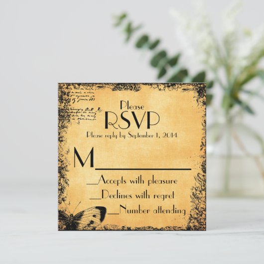 ヴィンテージおとぎ話の愛の引用文マッチングRSVPカード 招待状 (スタンド正面)