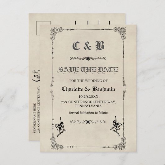 ヴィンテージおとぎ話の結婚式の日付を保存 案内ポストカード (正面/裏面)