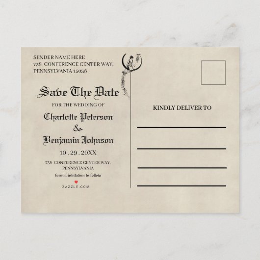 ヴィンテージおとぎ話の結婚式の日付を保存 案内ポストカード (裏面)