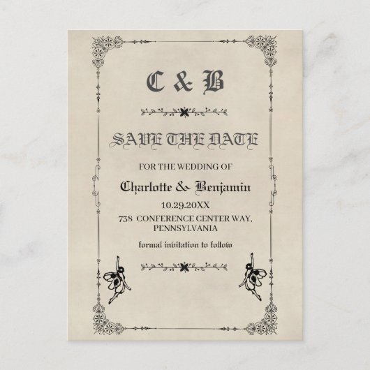 ヴィンテージおとぎ話の結婚式の日付を保存 案内ポストカード (正面)