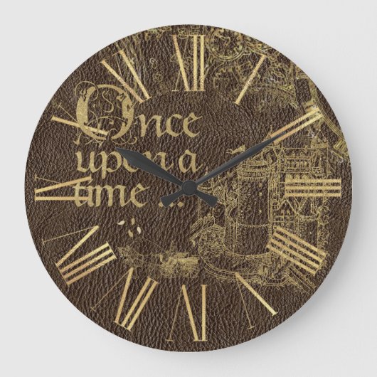 ヴィンテージおとぎ話テーマ金ゴールド城オンレザー ラージ壁時計 (正面)
