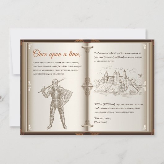 ヴィンテージおとぎ話ブックテーマの男の子の誕生日パーティー 招待状 (正面)