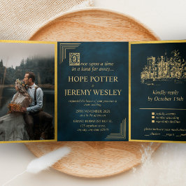 ヴィンテージおとぎ話ブック金ゴールドエメラルドマジカル 三つ折り招待状