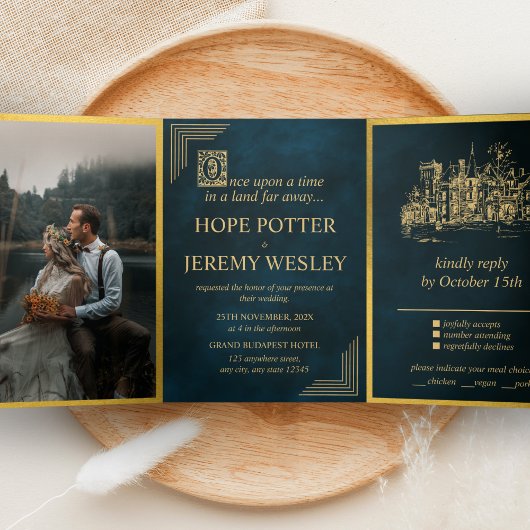 ヴィンテージおとぎ話ブック金ゴールドエメラルドマジカル 三つ折り招待状