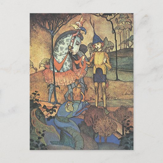 ヴィンテージおとぎ話、勇敢な騎士と竜 ポストカード (正面)