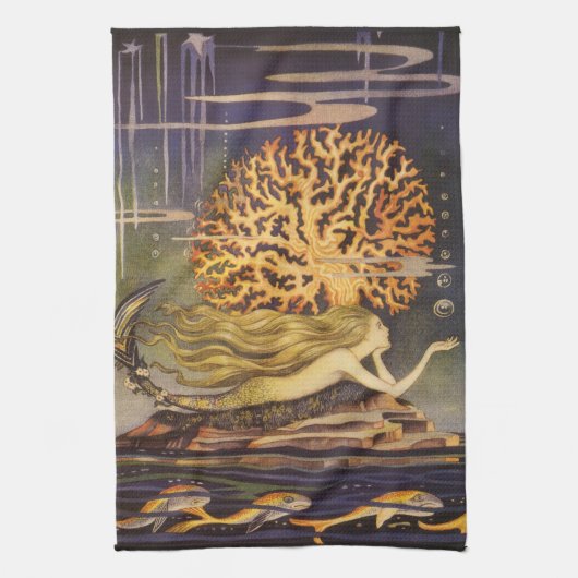 ヴィンテージおとぎ話、小さな人魚の海サンゴ キッチンタオル (縦)