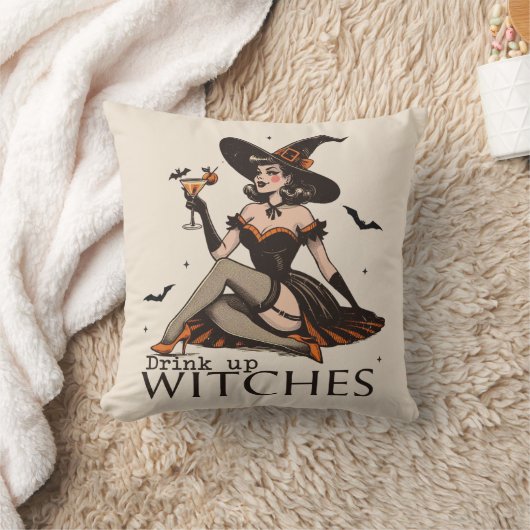 ヴィンテージおもしろいが魔女ハロウィーンを飲む クッション (ブランケット)
