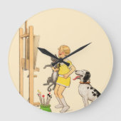 ヴィンテージおもしろいガールドッグキャットプリントジョルジュレドン ラージ壁時計 (正面)