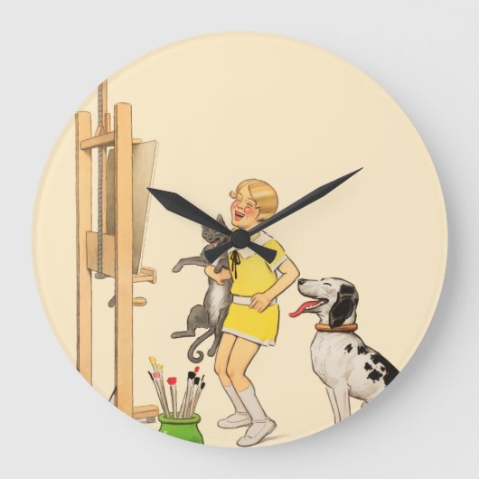 ヴィンテージおもしろいガールドッグキャットプリントジョルジュレドン ラージ壁時計 (正面)