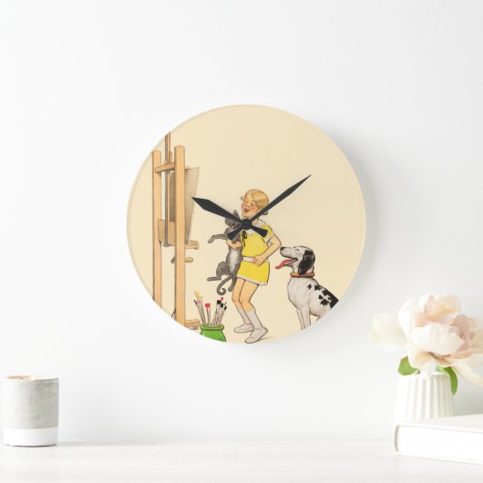 ヴィンテージおもしろいガールドッグキャットプリントジョルジュレドン ラージ壁時計 (ホーム)