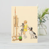 ヴィンテージおもしろいガールドッグキャットプリントジョルジュレドン 招待状 (スタンド正面)