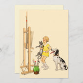 ヴィンテージおもしろいガールドッグキャットプリントジョルジュレドン 招待状 (正面/裏面)