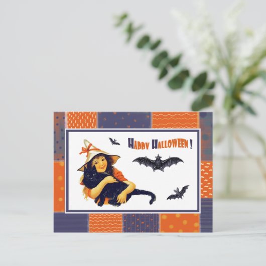 ヴィンテージおもしろいガールハロウィーン葉書 ポストカード (スタンド正面)