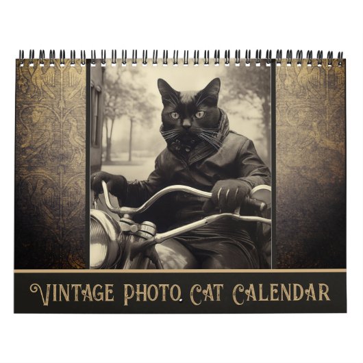 ヴィンテージおもしろいセピア写真黒猫 カレンダー (カバー)