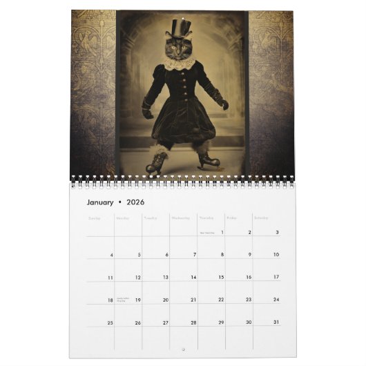 ヴィンテージおもしろいセピア写真黒猫 カレンダー (1月 2026)