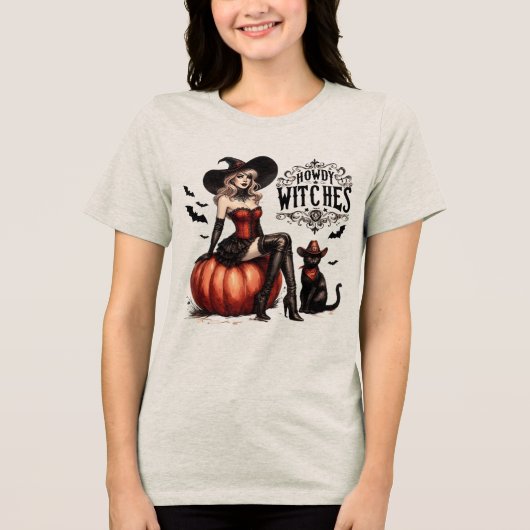 ヴィンテージおもしろいハウディウィッチズウェスタンハロウィーン トライブレンドTシャツ (正面)