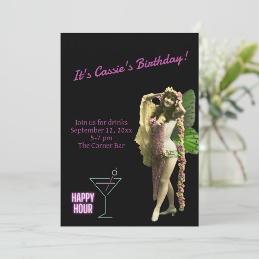 ヴィンテージおもしろいバタフライガール誕生日招待状 招待状 (スタンド正面)