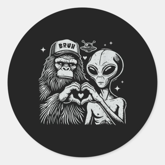 ヴィンテージおもしろいビッグフット及びエイリアンハートハンドサイン ラウンドシール (正面)