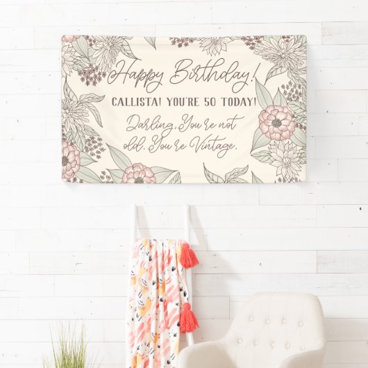 ヴィンテージおもしろいピンクアイボリーフローラ誕生日 横断幕 (インサイチュ)