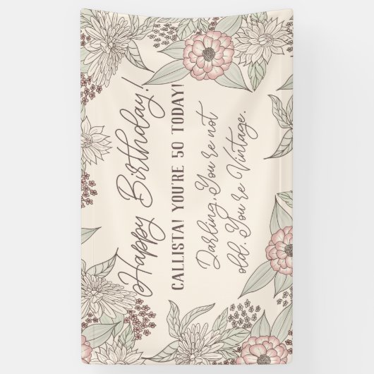 ヴィンテージおもしろいピンクアイボリーフローラ誕生日 横断幕 (縦)