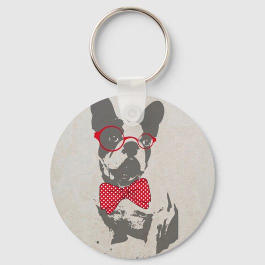 ヴィンテージおもしろいフランスのブルドッググラスアニマルデザイン キーホルダー (正面)