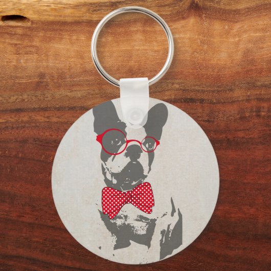 ヴィンテージおもしろいフランスのブルドッググラスアニマルデザイン キーホルダー (正面)