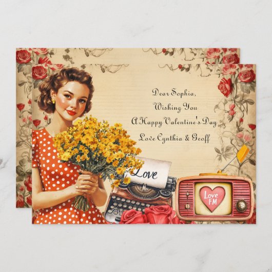 ヴィンテージおもしろいレディーバレンタインフラットホリデーカード シーズンカード (正面/裏面)