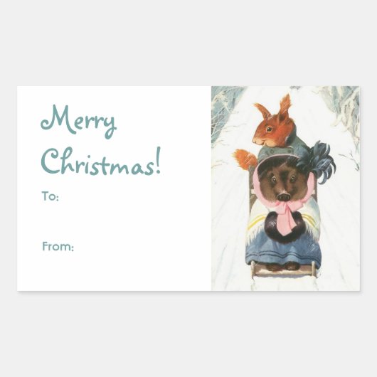 ヴィンテージおもしろい動物が「メリークリスマス」 長方形シール (正面)