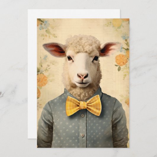 ヴィンテージおもしろい擬人化イースターヒツジ シーズンカード (正面/裏面)