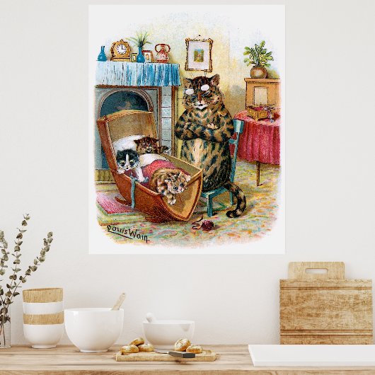 ヴィンテージおもしろい猫と子猫を揺りかごに ポスター (キッチン)