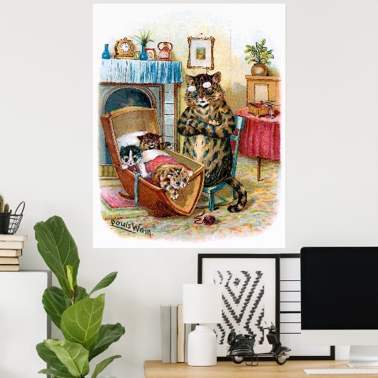 ヴィンテージおもしろい猫と子猫を揺りかごに ポスター (ホームオフィス)