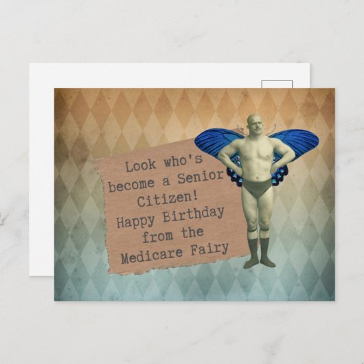 ヴィンテージおもしろい男性妖精シニア誕生日はがき ポストカード (正面/裏面)