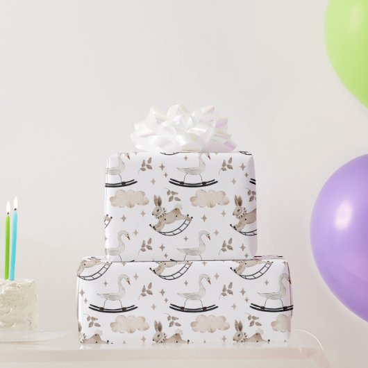 ヴィンテージおもちゃバニー、白鳥ロッキングホース、雲 ラッピングペーパー (パーティーギフト)