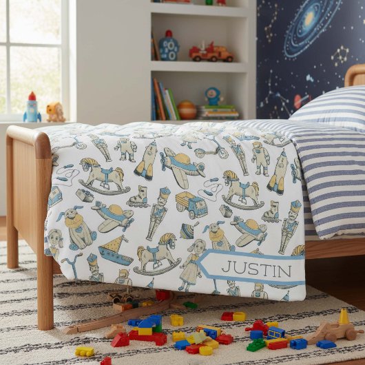 ヴィンテージおもちゃパターンブルー/イエローID783 フリースブランケット